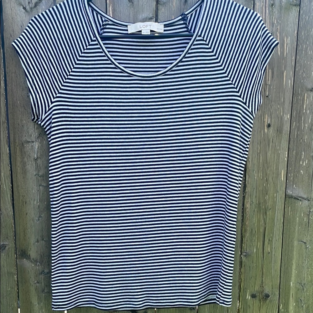 LOFT Navy and White Striped Short Sleeve Tee, Womens petite medium